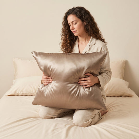 Taie d'oreiller en soie de mûrier Novani, coloris taupe, surface satinée sous la lumière