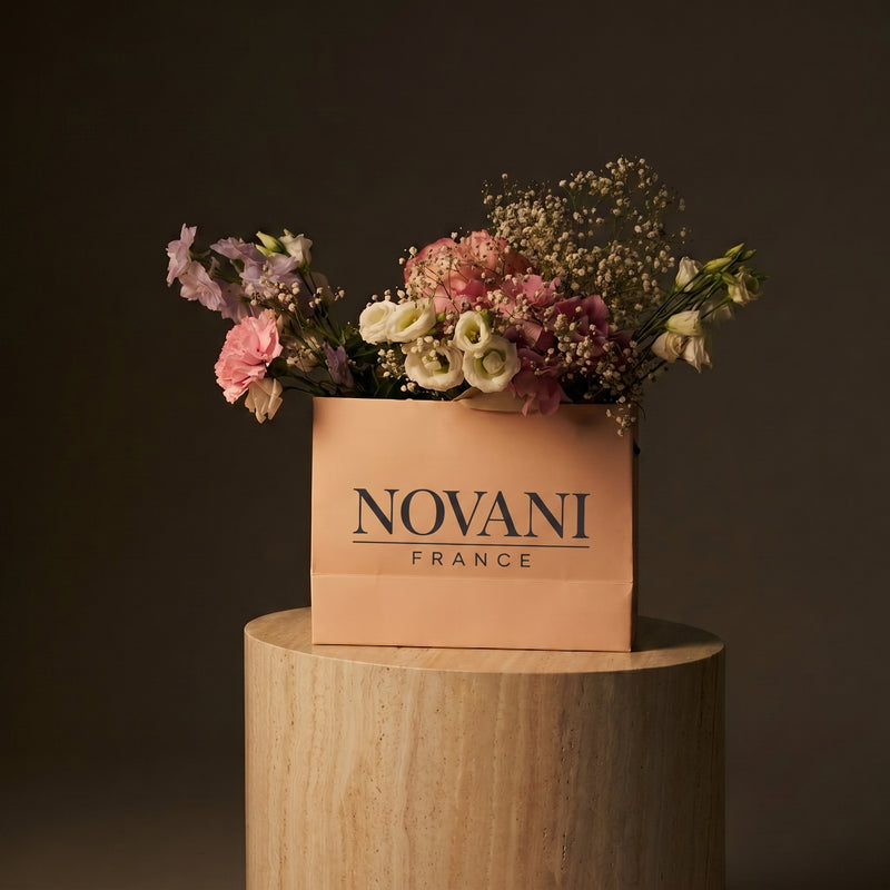 Étui de papier Novani d'où s'échappent des fleurs