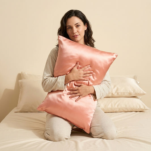 Taie d'oreiller en soie de mûrier Novani, coloris rose, tenue contre soi sur un lit