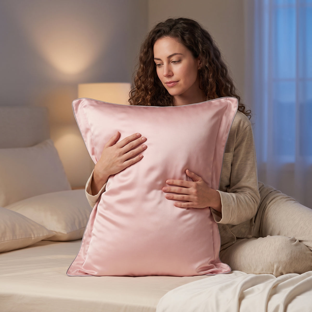 Taie d'oreiller en soie de mûrier Novani, coloris rose poudré, tenue contre soi sur un lit