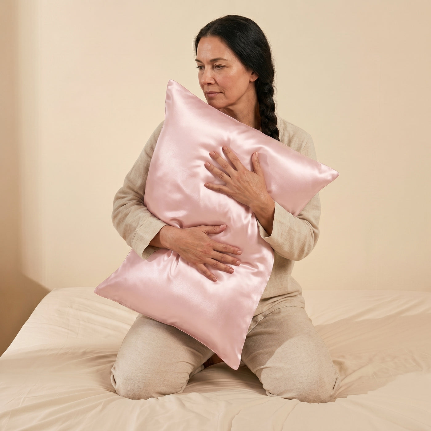 Taie d'oreiller en soie de mûrier Novani, coloris rose poudré, tenue contre soi sur un lit
