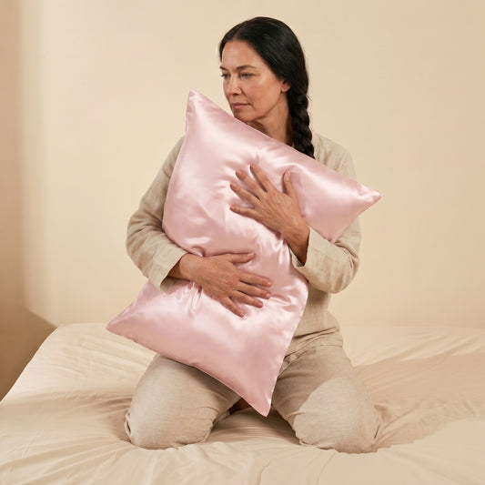 Taie d'oreiller en soie de mûrier Novani, coloris rose poudré, tenue contre soi sur un lit