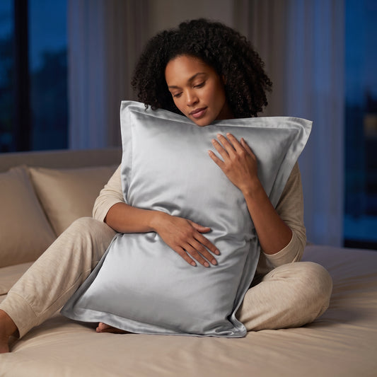 Taie d'oreiller en soie de mûrier Novani, coloris gris perle rectangle, tenue contre soi sur un lit