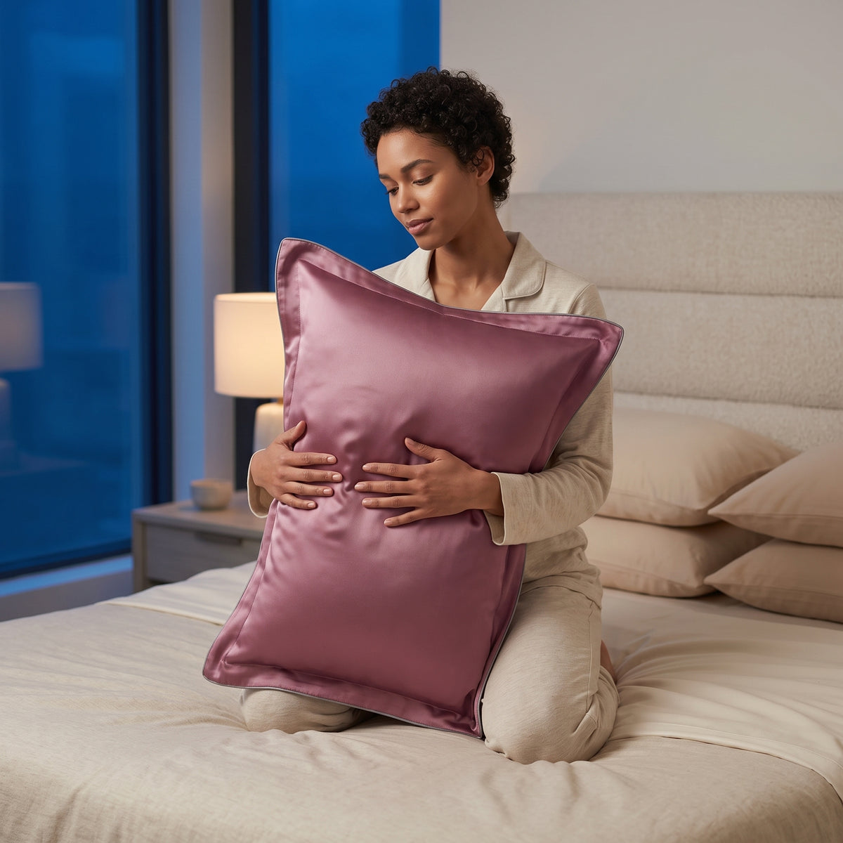 Taie d'oreiller en soie de mûrier Novani, coloris vieux rose, tenue contre soi sur un lit