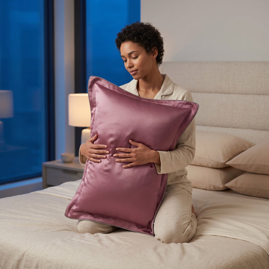 Taie d'oreiller en soie de mûrier Novani, coloris vieux rose, tenue contre soi sur un lit