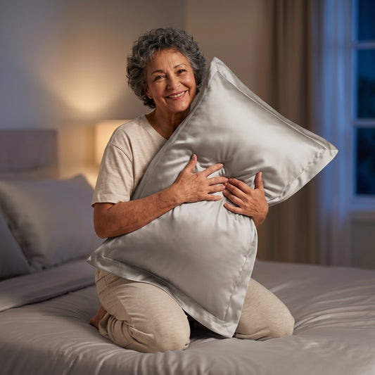 Taie d'oreiller en soie de mûrier Novani, coloris taupe, tenue contre soi sur un lit