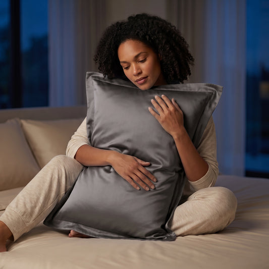 Taie d'oreiller en soie de mûrier Novani, coloris anthracite, tenue contre soi sur un lit