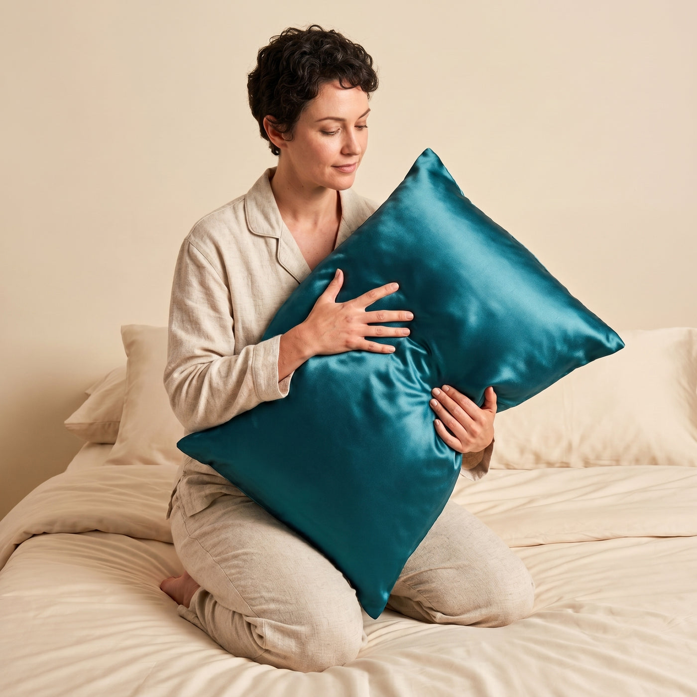 Taie d'oreiller en soie de mûrier Novani, coloris vert canard, tenue contre soi sur un lit