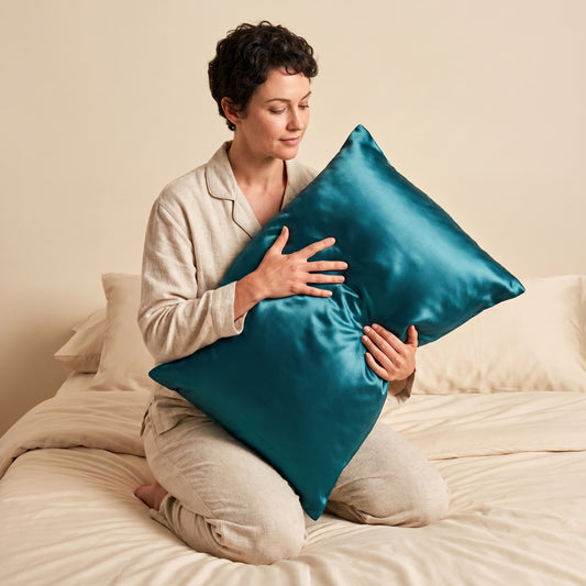 Taie d'oreiller en soie de mûrier Novani, coloris vert canard, tenue contre soi sur un lit
